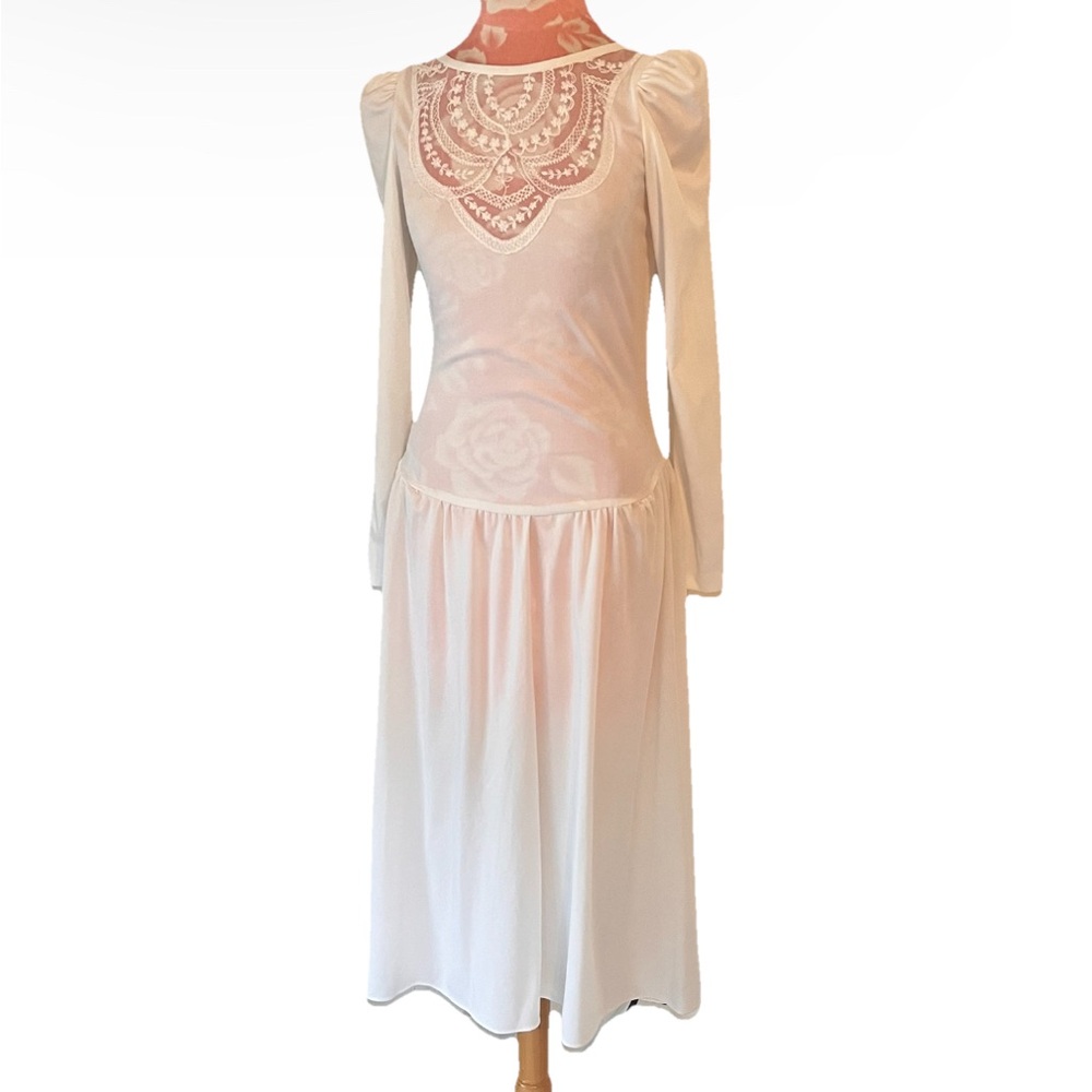 Vintage 70s White Lilly Dache Dress Womens Small Floral Long Sleeve Midi Wedding